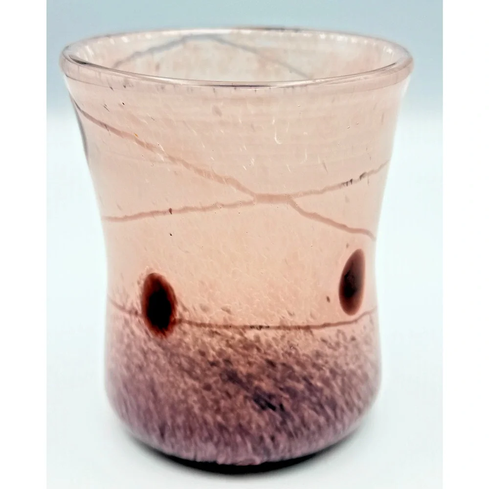 Handblown Studio Art Glass Tumbler Vase Pink Floating Purple Thumbprint Trails